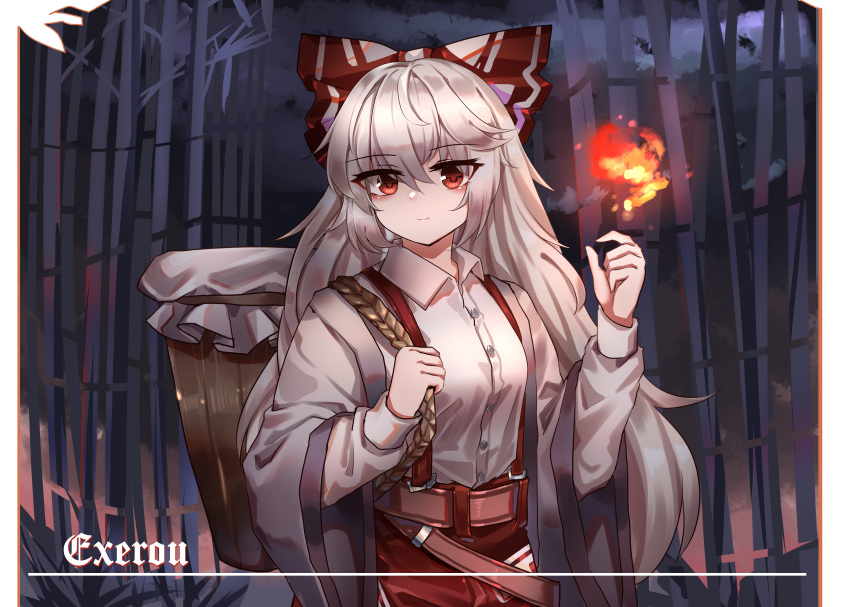 1girl absurdres artist_name baggy_pants bamboo bamboo_forest bangs bow buttons closed_mouth collared_shirt cowboy_shot fire flame forest fujiwara_no_mokou grey_hair hair_bow highres long_hair long_sleeves looking_at_viewer nature night ofuda ofuda_on_clothes outdoors pants pyrokinesis red_eyes red_pants shirt sidelocks sleeve_garter smile solo suspenders top-exerou touhou very_long_hair wavy_hair white_bow white_shirt