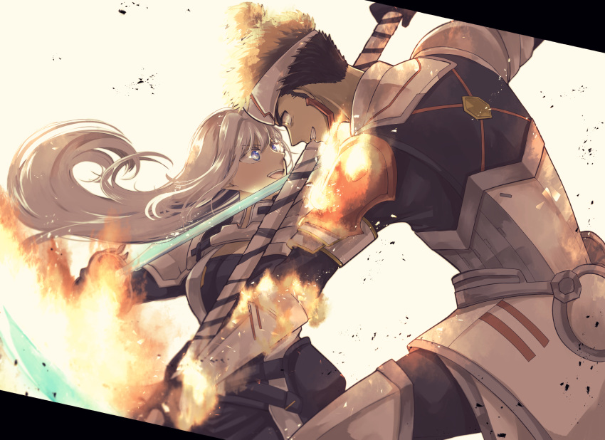 1boy 1girl armor brown_hair cammuravi_(xenoblade) clash dual_wielding ethel_(xenoblade) fighting fire flaming_weapon forehead_protector glowing glowing_sword glowing_weapon grey_hair highres holding holding_polearm holding_sword holding_weapon karury long_hair pauldrons polearm shoulder_armor smile spear sword topknot weapon xenoblade_chronicles_(series) xenoblade_chronicles_3