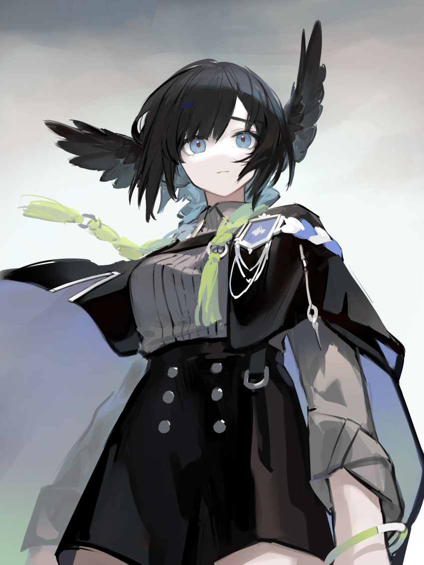 1girl absurdres aiguillette arknights bangs bird_girl black_hair black_skirt blue_eyes capelet commentary epaulettes head_wings highres iris_yi looking_at_viewer medium_hair military military_uniform patia_(arknights) skirt solo symbol-only_commentary uniform wristband