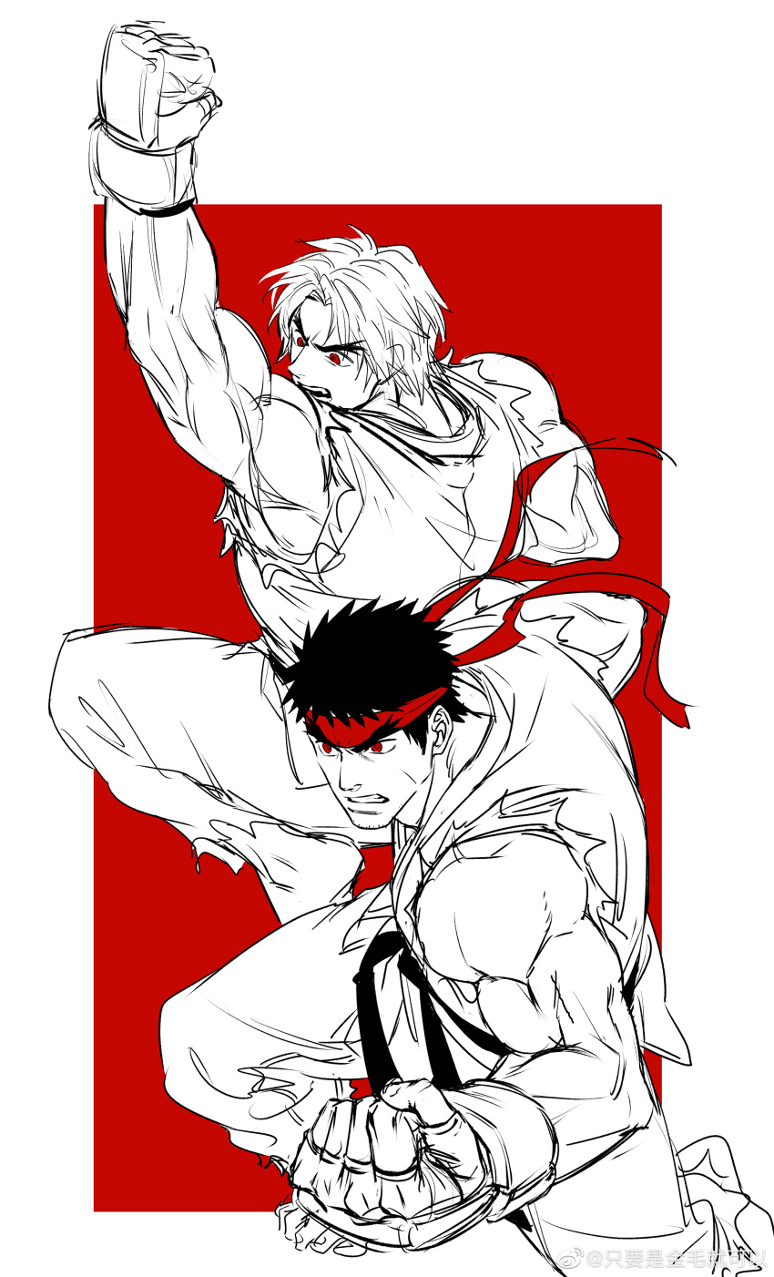 2boys absurdres black_hair dougi fighting_stance headband highres jumping ken_masters male_focus multiple_boys muscular muscular_male punching red_theme ryu_(street_fighter) short_hair sideburns sketch sleeveless spot_color street_fighter thick_eyebrows yuiofire