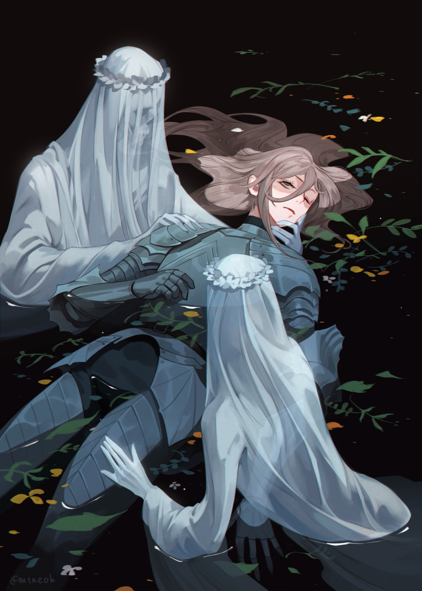 1boy 2others armor brown_eyes brown_hair closed_mouth floating ghost head_wreath highres jiro_(ninetysix) knight leaf long_hair lying multiple_others on_back one_eye_closed original partially_submerged robe skeleton transparent veil water wet