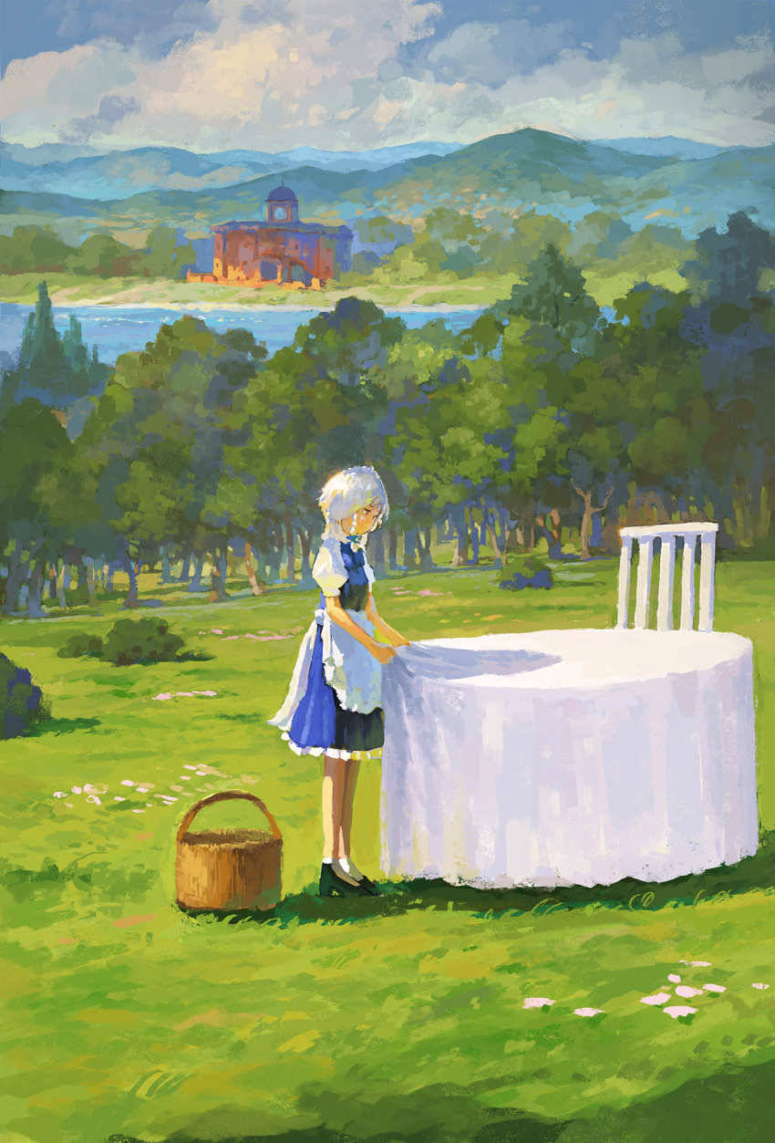 1girl apron basket blue_skirt blue_vest bow bush chair closed_mouth clouds cloudy_sky fjsmu from_side hair_bow high_heels highres holding_cloth izayoi_sakuya maid maid_headdress mansion medium_hair outdoors painterly puffy_short_sleeves puffy_sleeves river scarlet_devil_mansion scenery shirt short_sleeves skirt sky socks solo table tablecloth touhou tree vest waist_apron white_apron white_hair white_shirt white_socks wide_shot