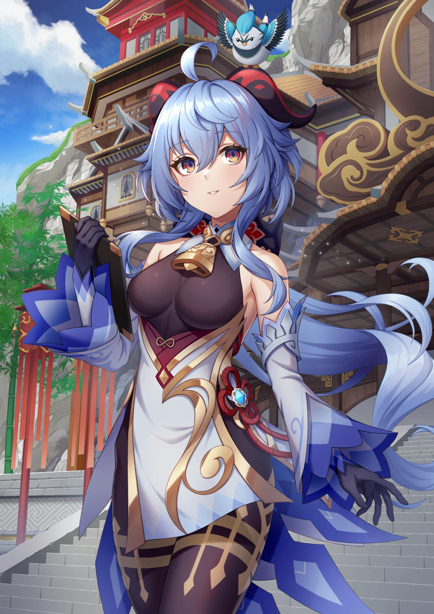 1girl absurdres ahoge architecture bangs bare_shoulders bell bird black_pantyhose blue_gloves blue_hair breasts chinese_knot clipboard cowboy_shot day detached_sleeves east_asian_architecture flower_knot ganyu_(genshin_impact) genshin_impact gloves gold_trim highres horns long_hair looking_at_viewer low_ponytail medium_breasts neck_bell noro_assumed outdoors pantyhose parted_lips sidelocks smile solo stairs standing teeth thighlet thighs violet_eyes vision_(genshin_impact) waist_cape white_sleeves