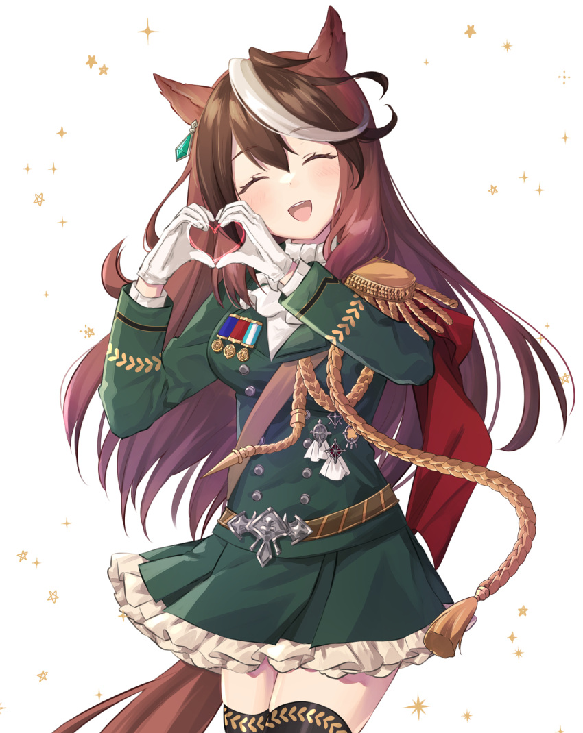 1girl animal_ears ascot black_thighhighs brown_hair cape closed_eyes cowboy_shot dress epaulettes frilled_dress frills green_dress heart heart_hands highres horse_ears horse_girl horse_tail long_hair long_sleeves military military_uniform multicolored_hair open_mouth purin_jiisan red_cape simple_background single_epaulette smile solo star_(symbol) streaked_hair symboli_rudolf_(umamusume) tail teeth thigh-highs umamusume uniform upper_teeth very_long_hair white_ascot white_background