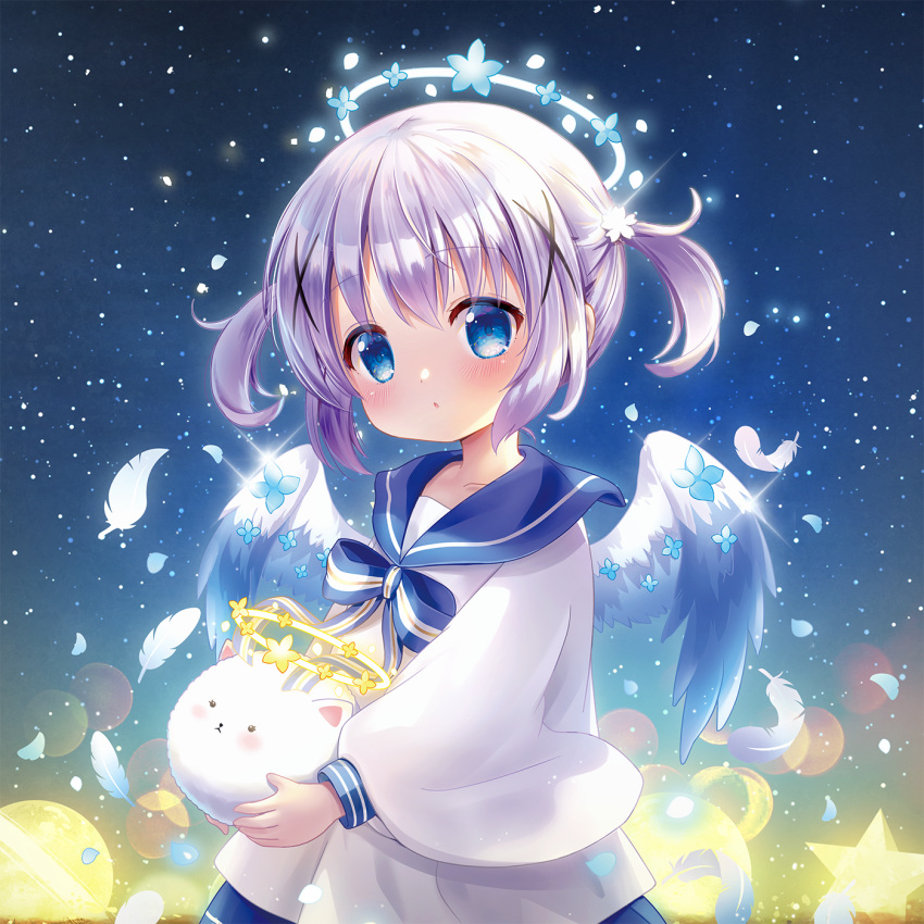 1girl aged_down angel_wings aura bangs blue_eyes blue_sailor_collar blue_wings blush child collared_shirt feathered_wings feathers female_child flower gochuumon_wa_usagi_desu_ka? grey_hair hair_between_eyes hair_flower hair_ornament highres holding kafuu_chino long_hair long_sleeves mugenstudio multicolored_wings open_mouth sailor_collar sailor_shirt shiny shiny_hair shirt short_twintails solo tippy_(gochiusa) twintails white_feathers white_flower white_shirt white_wings wide_sleeves wings x_hair_ornament