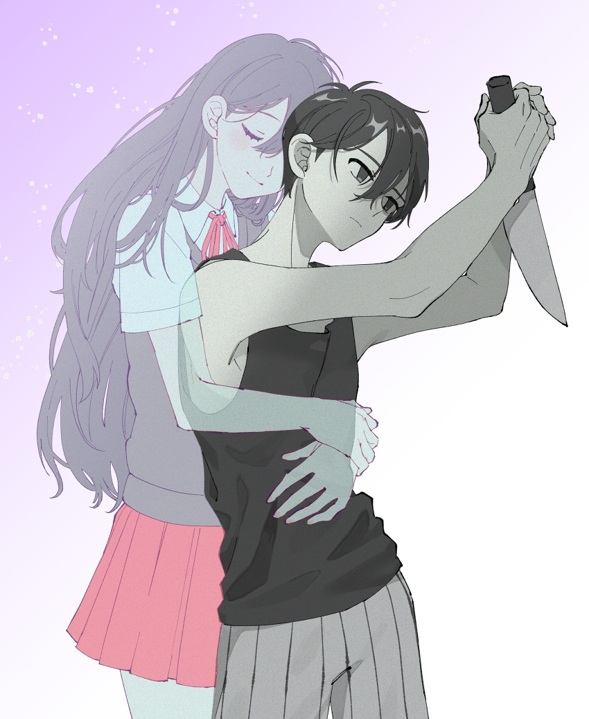 1boy 1girl absurdres bangs black_eyes black_hair black_shirt black_sweater_vest brother_and_sister closed_eyes closed_mouth collared_shirt empty_eyes ghost grey_shorts highres holding holding_knife hug hug_from_behind kitchen_knife knife long_hair mari_(omori) neck_ribbon omori pleated_skirt red_ribbon red_skirt ribbon shirt short_hair shorts siblings skirt sleeveless smile spoilers striped striped_shorts suicide sunny_(omori) sweater_vest tio_zomi white_shirt
