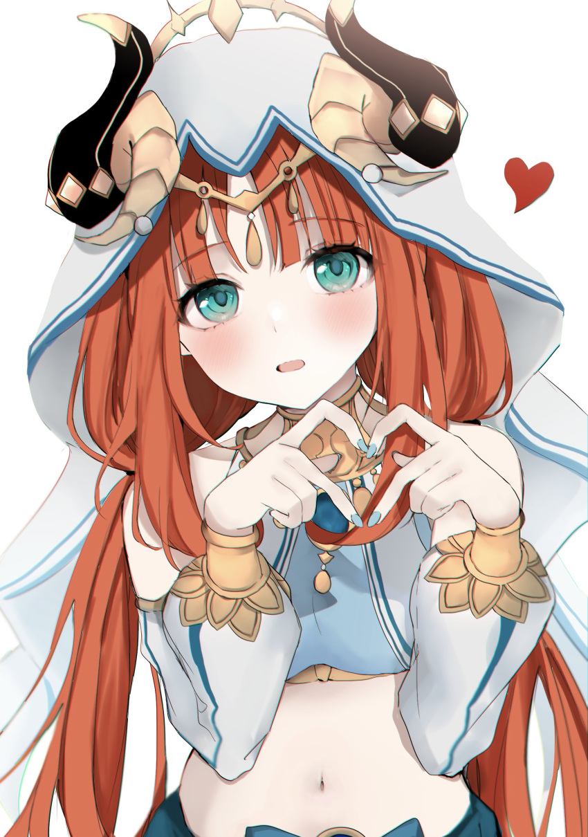 1girl absurdres aqua_eyes bangs blue_nails blush brooch crop_top detached_sleeves forehead_jewel genshin_impact gold_trim heart heart_hands highres horns jewelry long_hair long_sleeves looking_at_viewer low_twintails nail_polish navel neck_ring nilou_(genshin_impact) parted_bangs parted_lips pof_(peuplierpof) puffy_long_sleeves puffy_sleeves sidelocks simple_background solo stomach twintails upper_body veil white_background
