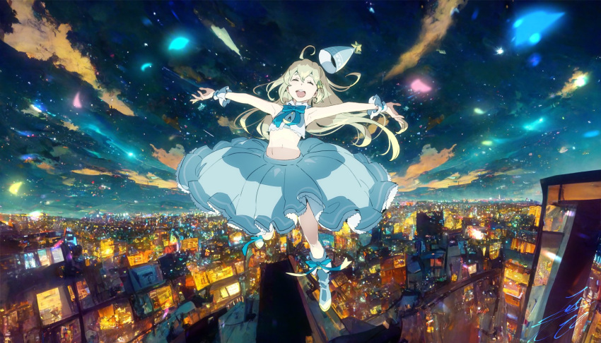 blonde_hair boots city closed_eyes clouds flying hair_ornament hat highres kobayashi_gen long_hair navel night night_sky open_arms open_mouth skirt sky wrist_cuffs