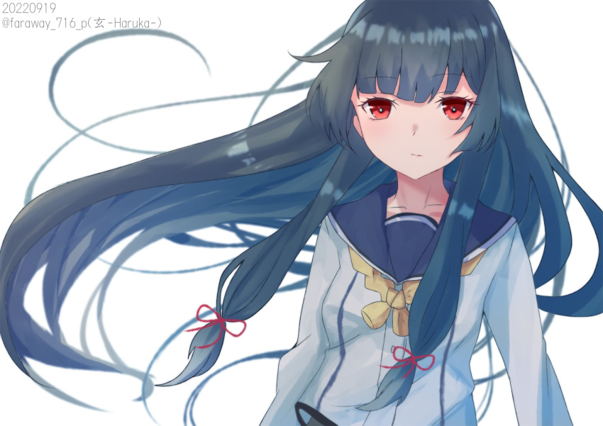 1girl black_hair commentary_request dated grey_sailor_collar hair_ribbon haruka_faraway716 highres isokaze_(kancolle) kantai_collection long_hair long_sleeves looking_at_viewer neckerchief one-hour_drawing_challenge red_eyes ribbon sailor_collar school_uniform serafuku simple_background solo tress_ribbon twitter_username upper_body white_background yellow_neckerchief