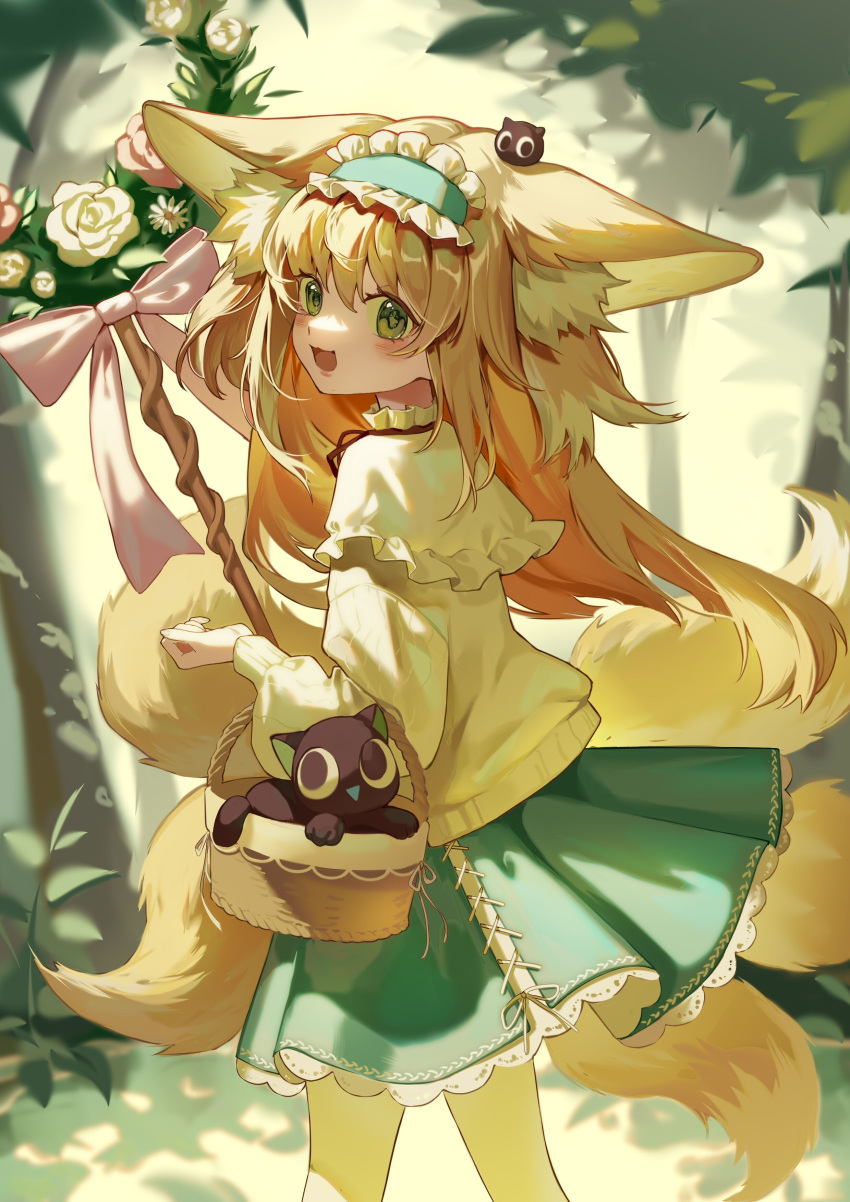 :d absurdres animal_ear_fluff animal_ears animal_on_head arknights basket black_cat blonde_hair blue_hairband blush bow cat cat_on_head day dress forest fox_ears fox_girl fox_tail frilled_hairband frills from_side green_dress green_eyes hair_down hairband highres holding holding_basket holding_staff in_basket kitsune long_hair long_sleeves looking_at_viewer luoxiaohei multiple_tails nature official_alternate_costume on_head open_mouth outdoors pink_bow shijiediyikeaide_gg smile staff suzuran_(arknights) suzuran_(spring_praise)_(arknights) sweater tail the_legend_of_luo_xiaohei triangle_mouth walking white_sweater