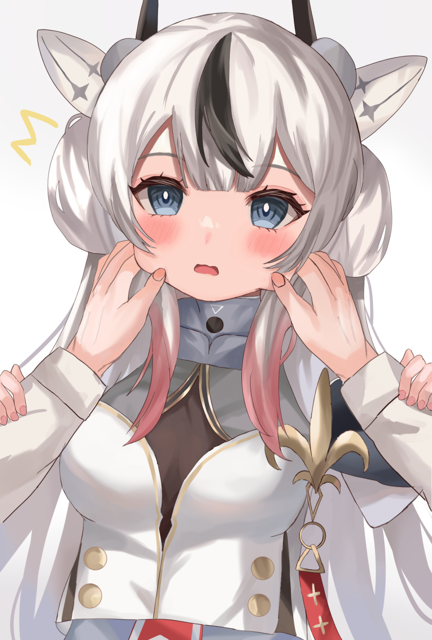 1girl azur_lane blush breasts cheek_pinching commentary_request grey_hair hair_between_eyes hair_ornament highres l'indomptable_(azur_lane) long_hair looking_at_viewer open_mouth pinching pov pov_hands simple_background small_breasts solo solo_focus uniform watage_tanpopo white_background