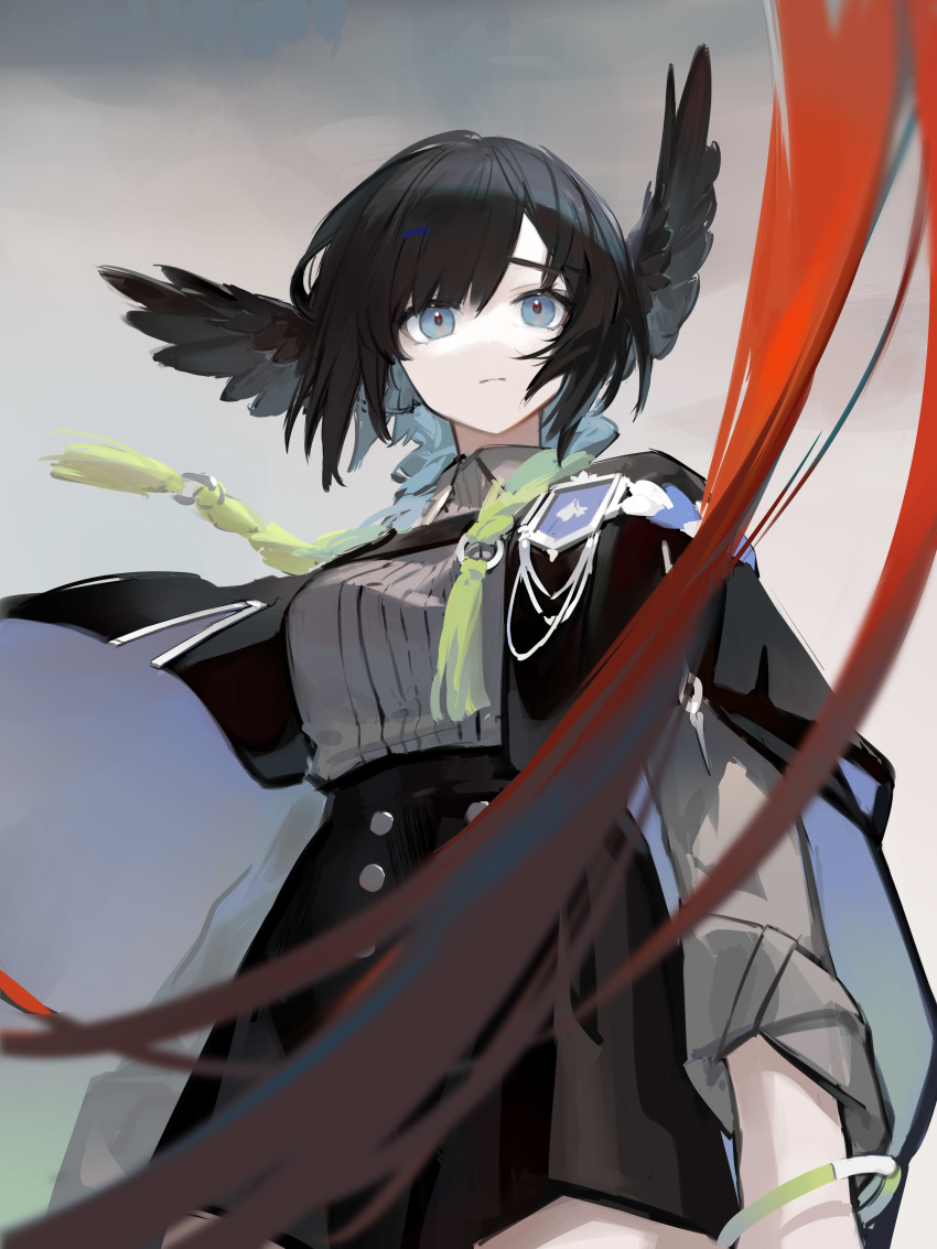 1girl absurdres aiguillette arknights bangs bird_girl black_feathers black_hair black_skirt blue_eyes capelet epaulettes feathers head_wings highres iris_yi looking_at_viewer medium_hair military military_uniform patia_(arknights) pov redhead skirt solo uniform wristband