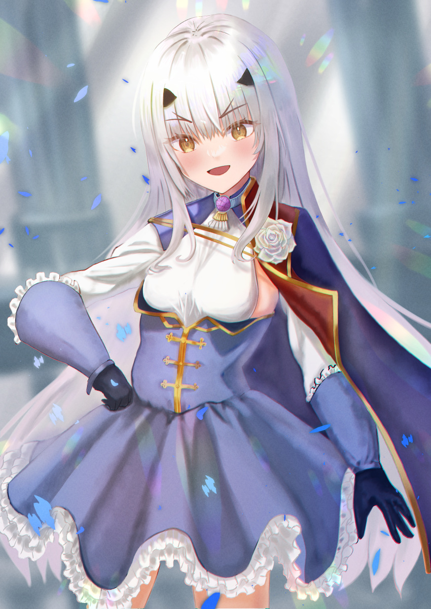 1girl absurdres black_gloves blue_cape blue_dress breasts brown_eyes cape cowboy_shot dress fairy_knight_lancelot_(fate) fairy_knight_lancelot_(second_ascension)_(fate) fate/grand_order fate_(series) forked_eyebrows frilled_dress frills gloves highres ikumi_(1_9_3) long_hair sidelocks small_breasts solo standing white_hair