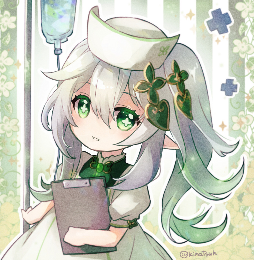 1girl bangs eyebrows_hidden_by_hair genshin_impact green_eyes green_hair hair_between_eyes hair_ornament hairclip hat highres holding long_hair looking_at_viewer multicolored_hair nahida_(genshin_impact) nurse nurse_cap pointy_ears rare_(user_vxhu8375) skirt smile solo twintails white_hair