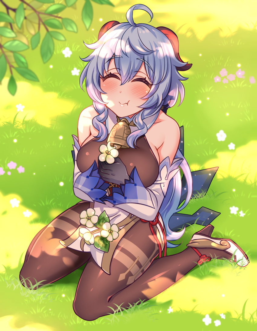 1girl ahoge bangs bare_shoulders bell black_gloves blue_hair breasts brown_pantyhose closed_eyes detached_sleeves eating_flower flower ganyu_(genshin_impact) genshin_impact gloves gold_trim grass highres holding holding_flower horns long_hair medium_breasts neck_bell outdoors pantyhose qingxin_flower sidelocks sitting smile solo thighlet wariza white_flower white_sleeves yakisobapan_tarou_&amp;_negitoro-ko