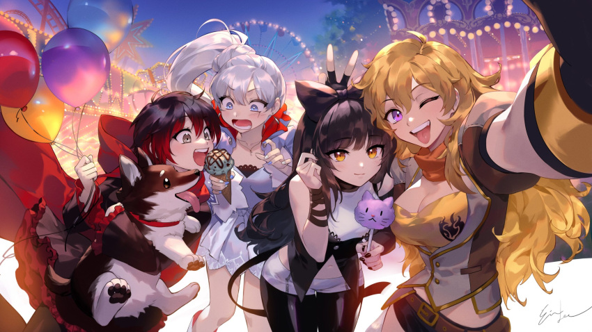 4girls ;d amusement_park animal balloon black_hair blake_belladonna blonde_hair blue_eyes breasts cape carousel closed_mouth commentary dog ein_lee end_card ferris_wheel highres holding holding_animal holding_balloon holding_dog ice_cream_cone large_breasts long_hair looking_at_another looking_at_food looking_at_viewer medium_breasts multiple_girls official_art one_eye_closed open_mouth ponytail red_cape red_hood redhead ruby_rose rwby rwby_ice_queendom scar scar_across_eye second-party_source selfie short_hair signature smile surprised teeth tongue tongue_out v violet_eyes weiss_schnee welsh_corgi white_hair yang_xiao_long yellow_eyes zwei_(rwby)