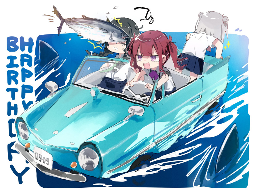 3girls bent_over black_hair blue_skirt bow bowtie car cevio chibi closed_eyes commentary crying crying_with_eyes_open double_bun driving eyewear_removed fish glasses green_necktie grey_hair ground_vehicle hair_bun hanakuma_chifuyu happy_birthday highres hitogome koharu_rikka license_plate miniskirt motor_vehicle multiple_girls natsuki_karin necktie ocean pleated_skirt purple_bow purple_bowtie redhead school_uniform shark_fin shirt short_hair short_sleeves skirt smack sparkle steering_wheel symbol-only_commentary synthesizer_v tears violet_eyes white_shirt