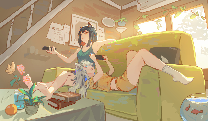 2girls :d absurdres alternate_costume animal_ear_fluff animal_ears arknights arm_rest artist_name barefoot black_hair blue_camisole blue_eyes blue_shorts book book_stack camisole casual colored_inner_hair commentary controller coper_maileyun couch cushion feet_on_table fish fishbowl flower food fruit full_body goldfish grey_hair hair_between_eyes highres holding holding_remote_control indoors lap_pillow lappland_(arknights) lips long_hair lying multicolored_hair multiple_girls nintendo_switch on_back on_couch open_mouth orange_(fruit) orange_eyes paper parted_lips pink_flower plant playing_games potted_plant railing redhead remote_control scar scar_across_eye shelf shirt shorts sitting smile socks table teeth texas_(arknights) tongue upper_teeth vase water white_socks window wolf_ears wolf_girl yellow_flower yellow_shirt yellow_shorts