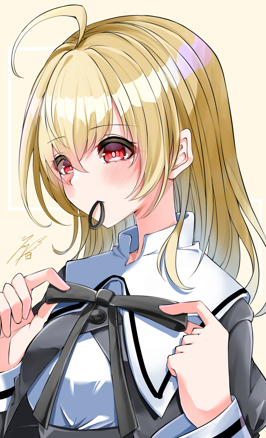 1girl absurdres adjusting_clothes adjusting_neck_ribbon ahoge andou_tazusa artist_name assault_lily bangs black_ribbon blonde_hair blush breasts buttons closed_mouth commentary_request cropped_jacket crossed_bangs hair_between_eyes hair_down hair_tie hair_tie_in_mouth hands_up highres juliet_sleeves long_hair long_sleeves looking_away medium_breasts mouth_hold neck_ribbon puffy_sleeves red_eyes ribbon school_uniform shirt sign solo upper_body white_shirt ya-man yellow_background yurigaoka_girls_academy_school_uniform