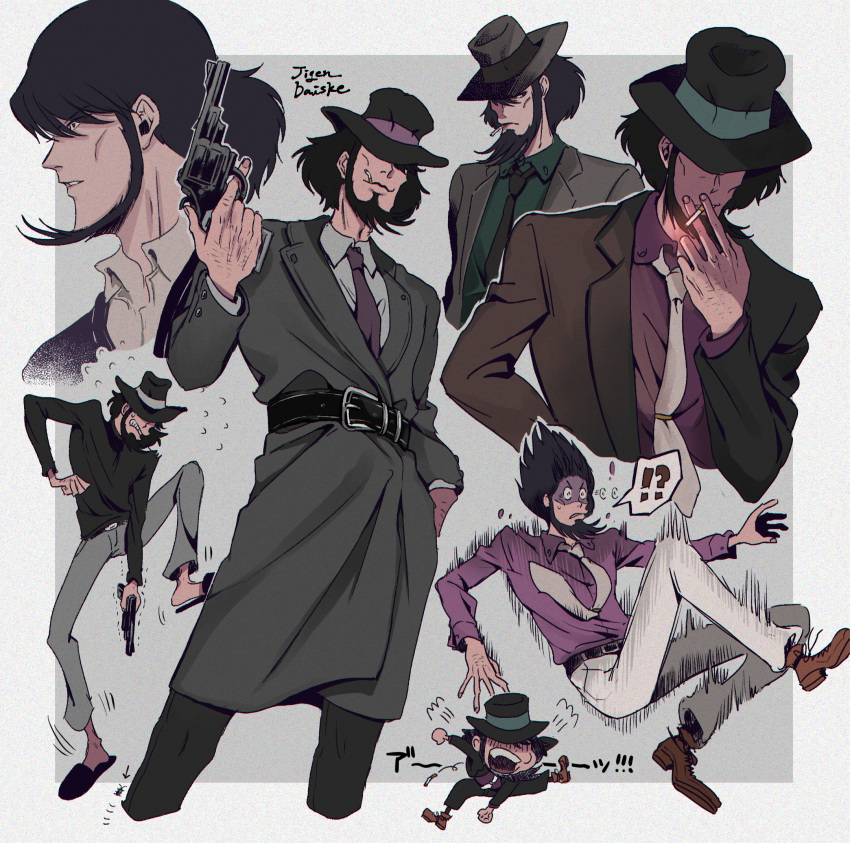 !? 1boy angry black_eyes black_hair chibi cigarette clenched_teeth gun hat highres jigen_daisuke lupin_iii male_focus meppi pose revolver short_hair smile smoking teeth tripping weapon