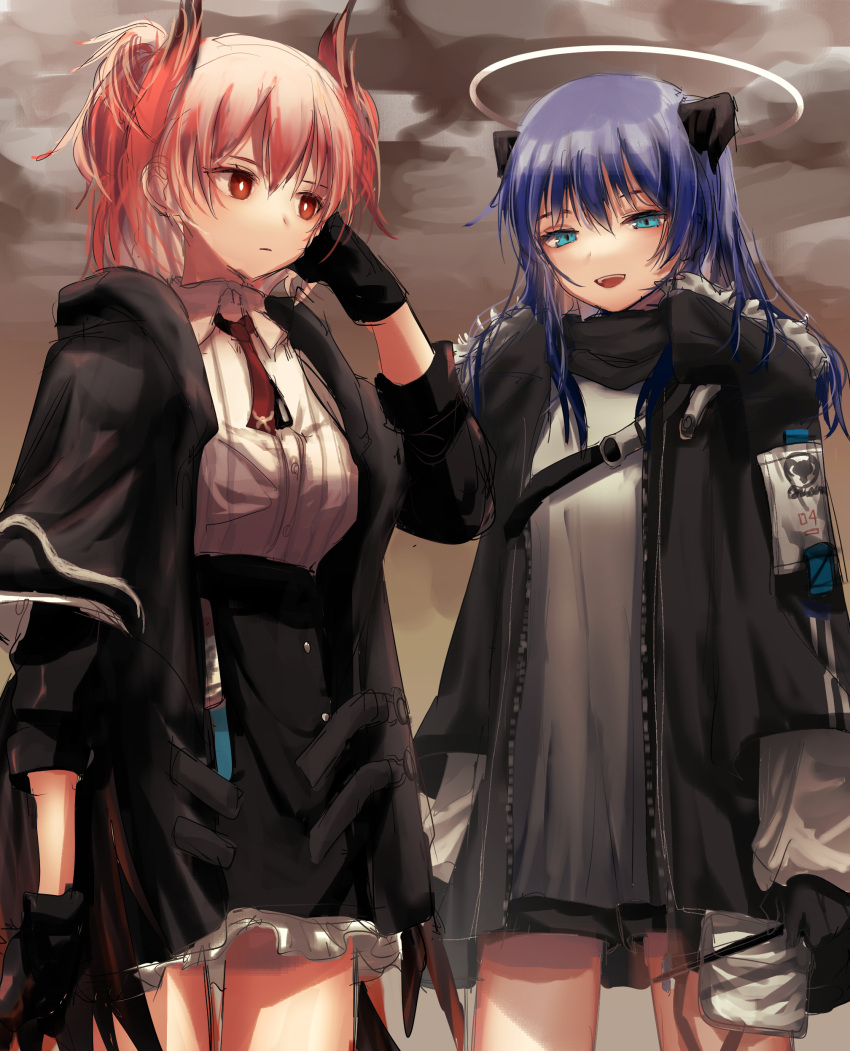 2girls absurdres animal_ears arknights bird_ears black_gloves black_shorts black_skirt blue_eyes blue_hair breasts bright_pupils collared_shirt cowboy_shot demon_horns fiammetta_(arknights) frilled_skirt frills fur-trimmed_jacket fur_trim gloves grey_shirt halo hand_up highres holding holding_wand horns jacket jio_(baku_zugogo) long_hair looking_at_another looking_at_viewer mostima_(arknights) multiple_girls necktie open_clothes open_jacket open_mouth red_eyes red_necktie redhead shirt short_hair short_shorts shorts sketch skirt small_breasts teeth upper_teeth wand white_pupils white_shirt