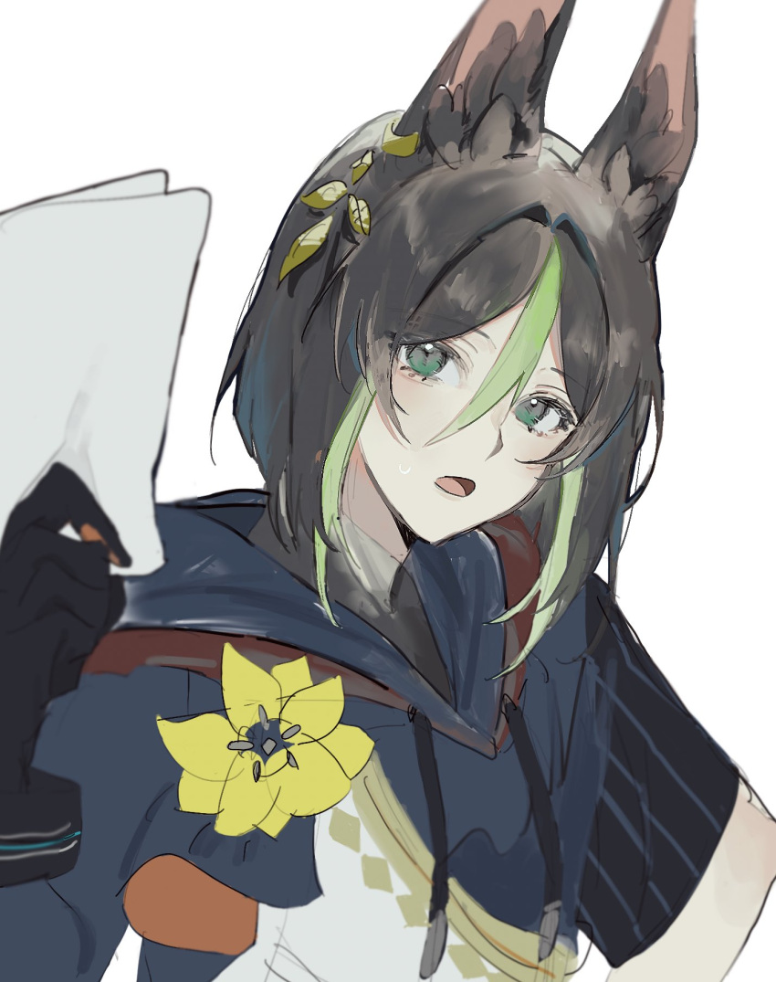 1boy animal_ear_fluff animal_ears arm_up azu_zubi bangs black_gloves black_hair black_shirt blunt_ends blush commentary_request drawstring earrings eyelashes flower fox_boy fox_ears genshin_impact gloves green_eyes green_hair hair_between_eyes head_tilt highres holding holding_paper hood hood_down hoodie jewelry looking_at_viewer male_focus multicolored_clothes multicolored_hair open_mouth paper shirt short_hair sidelocks single_earring solo tighnari_(genshin_impact) turtleneck two-tone_hair upper_body white_background wrist_cuffs yellow_flower