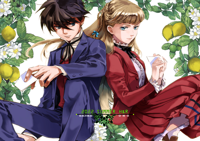 1boy 1girl 2022 artist_name black_hair blazer blue_bow blue_eyes bow braid brown_footwear closed_mouth dress_shirt flower food french_braid fruit gundam gundam_wing hair_bow heero_yuy highres holding jacket kajikaono lemon light_brown_hair loafers long_hair long_skirt long_sleeves neck_ribbon open_clothes open_jacket pants pleated_skirt purple_jacket purple_pants red_jacket red_skirt red_vest relena_peacecraft ribbon school_uniform shiny shiny_hair shirt shoes short_hair sitting skirt socks very_long_hair vest white_flower white_ribbon white_shirt white_socks