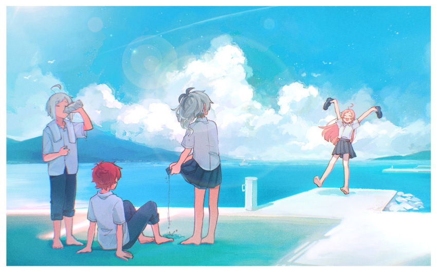 2boys 2girls ahoge arm_support arms_up barefoot black_skirt blue_pants bollard bottle closed_eyes clouds commentary day drinking flower_(vocaloid) flower_(vocaloid4) from_behind fukase highres holding holding_bottle holding_shoes knees_up lens_flare long_hair looking_at_another mi_no_take miniskirt mountainous_horizon multicolored_hair multiple_boys multiple_girls ocean open_mouth outdoors pants pier pink_hair pleated_skirt redhead scenery school_uniform sf-a2_miki shoes sitting skirt smile standing streaked_hair symbol-only_commentary towel towel_around_neck utatane_piko very_long_hair vocaloid white_hair wide_shot wringing_clothes wringing_skirt