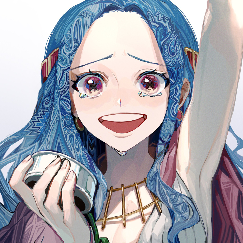 1girl :d arm_up blue_hair cape earrings hair_ornament hand_up highres holding holding_phone jewelry nefertari_vivi no_bangs one_piece open_mouth patterned_hair phone pink_eyes smile solo tearing_up tears white_background yadu_nadu