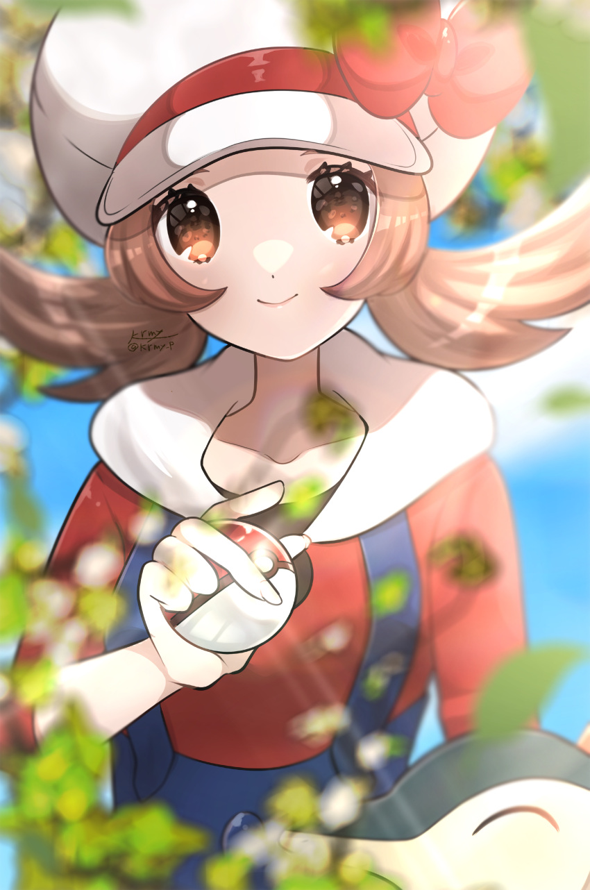 1girl absurdres blue_overalls bow brown_eyes brown_hair cabbie_hat cyndaquil hat hat_bow highres holding holding_poke_ball kurumiya_(krmy_p) leaf looking_at_viewer lyra_(pokemon) overalls poke_ball pokemon pokemon_(creature) pokemon_(game) pokemon_hgss red_bow red_shirt shirt smile twintails twitter_username white_headwear