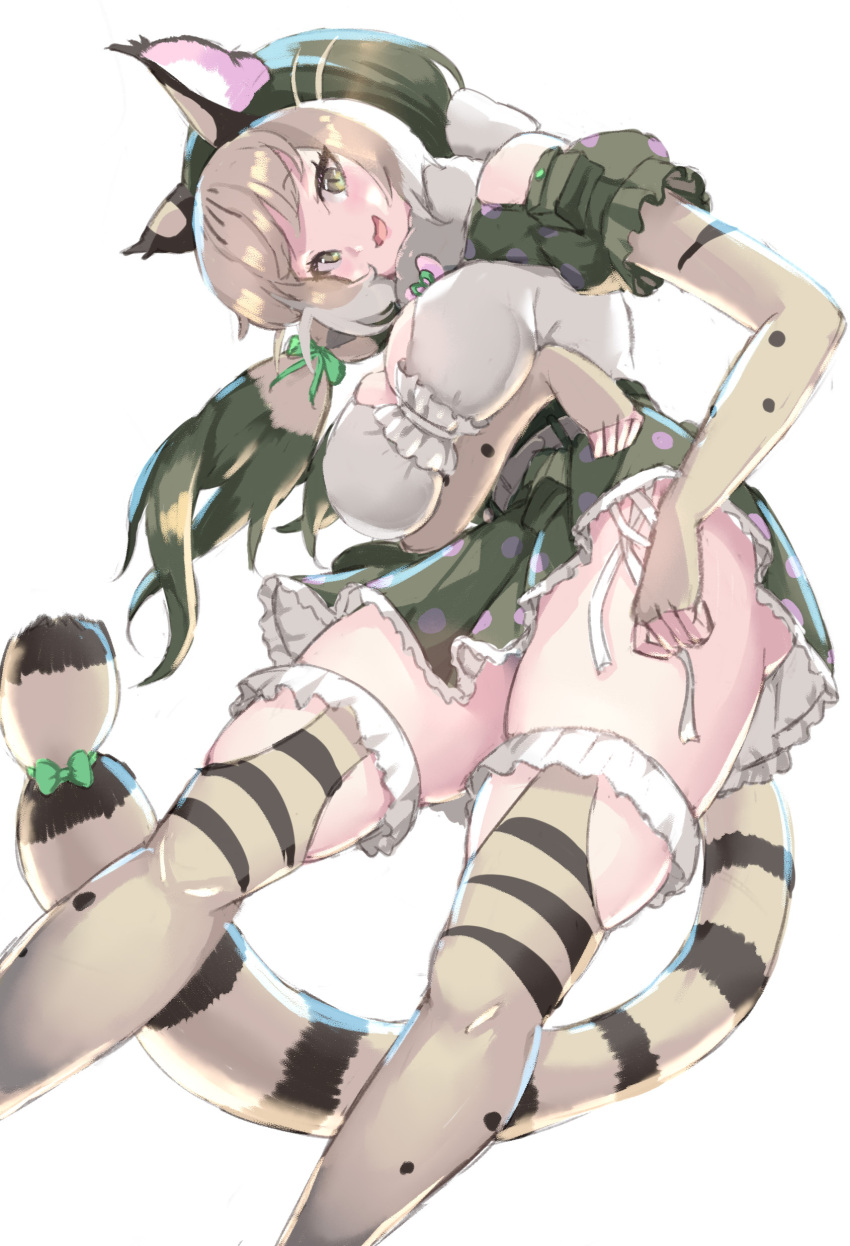 1girl absurdres animal_costume animal_ear_fluff animal_ears brown_hair cat_ears cat_girl cat_tail elbow_gloves extra_ears gloves green_eyes grey_hair highres jungle_cat_(kemono_friends) kemono_friends kemono_friends_v_project kneehighs long_hair looking_at_viewer multicolored_hair open_mouth ribbon sawara_noa shirt simple_background skirt smile socks solo tail virtual_youtuber