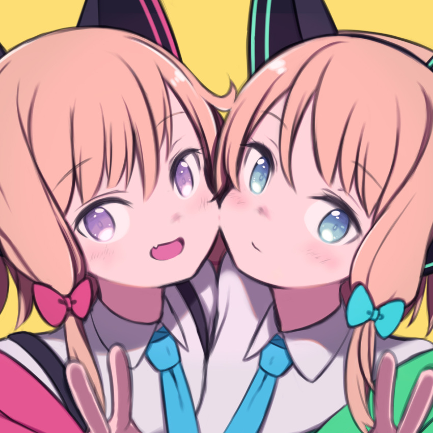 2girls :d an_apple_akaao animal_ear_headphones animal_ears asymmetrical_bangs bangs blonde_hair blue_archive blue_bow blue_eyes blue_necktie border bow cat_ear_headphones cat_tail cheek-to-cheek collared_shirt expressionless fake_animal_ears fang halo headphones heads_together jacket looking_at_viewer multicolored_clothes multicolored_jacket multiple_girls necktie outside_border parted_bangs red_bow shirt siblings simple_background sisters skin_fang smile suspenders tail teeth twins violet_eyes white_border white_jacket white_shirt yellow_background