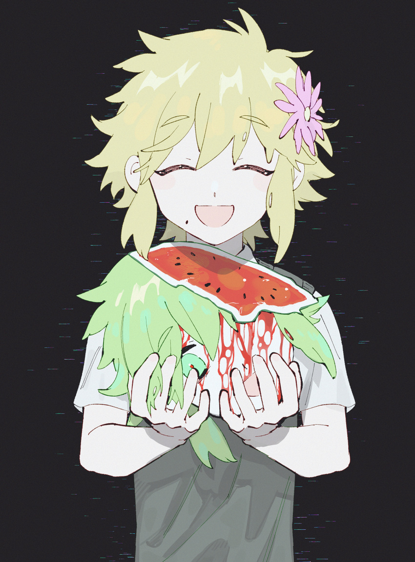 1boy :d bangs basil_(omori) black_background blonde_hair blood blood_on_face closed_eyes facing_viewer flower food fruit green_eyes green_hair hair_flower hair_ornament highres holding_head looking_at_viewer male_focus omori pink_flower severed_head short_hair simple_background smile spoilers tio_zomi upper_body watermelon