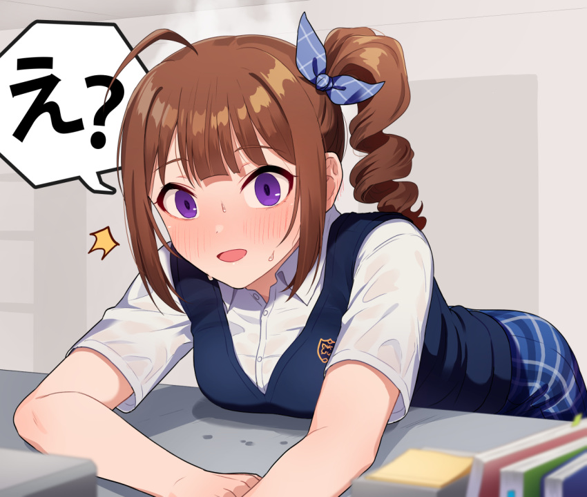 1girl ^^^ ahoge bangs blue_ribbon blue_skirt blue_sweater blurry blurry_foreground blush brown_hair commentary constricted_pupils depth_of_field dress_shirt drill_hair embarrassed hair_ribbon idolmaster idolmaster_million_live! kamille_(vcx68) leaning_forward looking_at_viewer medium_hair open_mouth plaid plaid_skirt ribbon shirt short_sleeves side_drill side_ponytail skirt smile solo speech_bubble sweat sweater sweater_vest v-neck violet_eyes wet wet_clothes wet_shirt white_shirt wing_collar yokoyama_nao