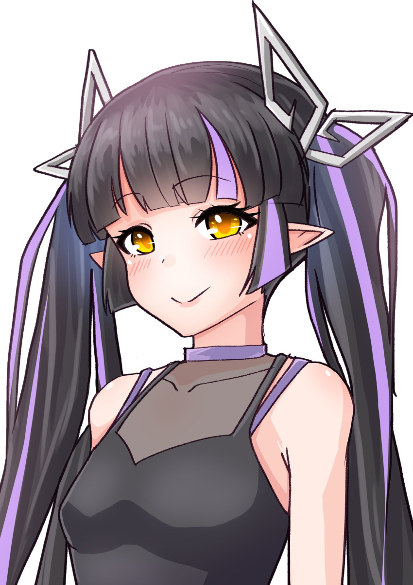 1girl bangs black_hair black_shirt blunt_bangs blush breasts closed_mouth commentary_request demon_girl demon_horns highres horns kojo_anna long_hair looking_at_viewer medium_breasts multicolored_hair pointy_ears purple_hair robou_no_stone see-through see-through_shirt shirt simple_background sleeveless sleeveless_shirt smile solo sugar_lyric twintails two-tone_hair upper_body virtual_youtuber white_background yellow_eyes