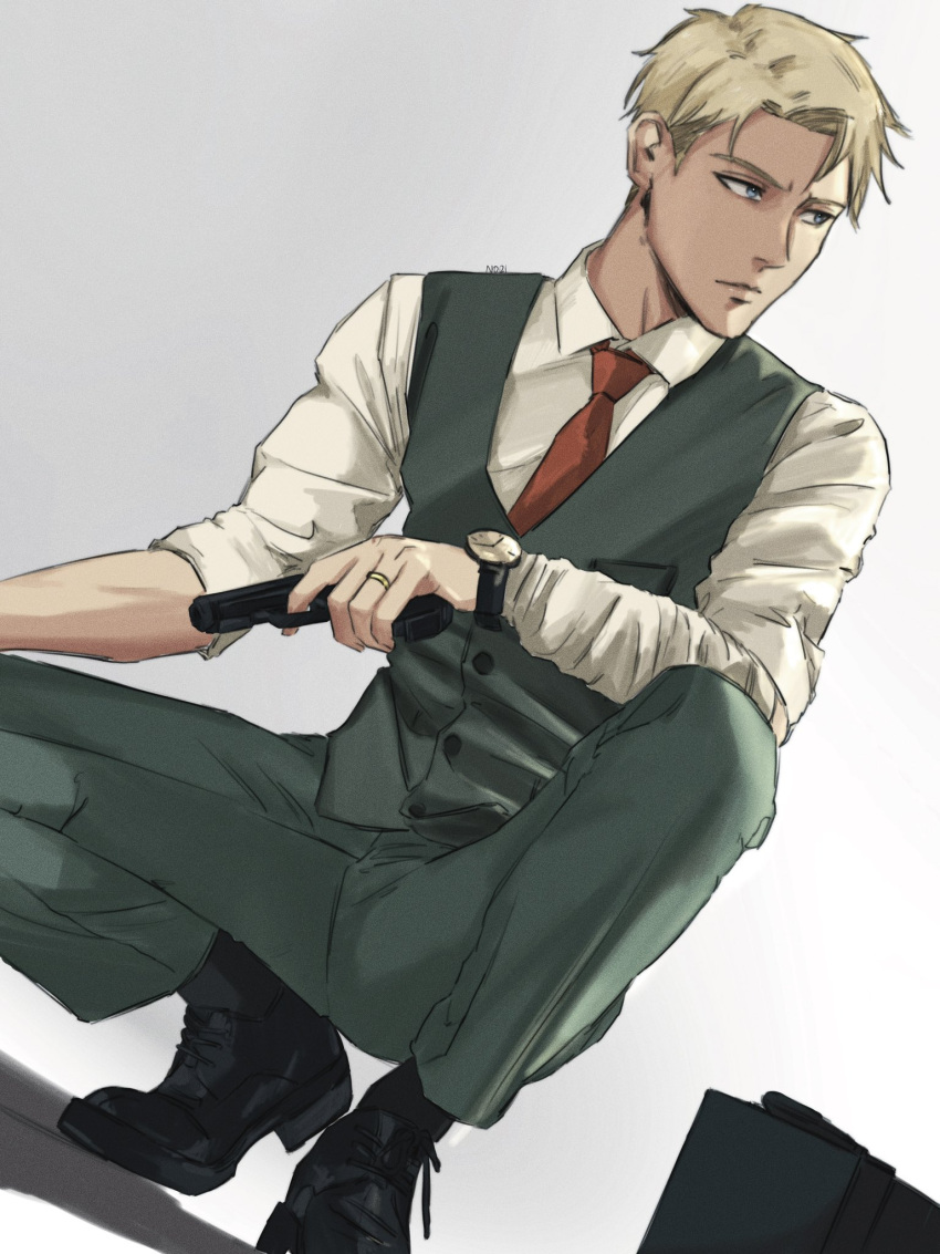 1boy bangs black_footwear blonde_hair blue_eyes briefcase buttons closed_mouth collared_shirt english_commentary green_pants green_vest gun highres holding holding_gun holding_weapon jewelry long_sleeves looking_to_the_side male_focus necktie nori_(noriarchives) pants red_necktie revolver ring shirt simple_background solo spy_x_family squatting twilight_(spy_x_family) undercut vest watch watch weapon wedding_ring white_background white_shirt wing_collar