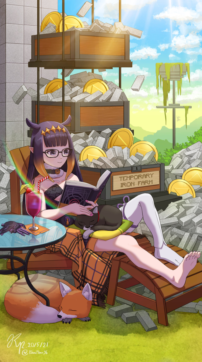 2girls absurdres ao-chan_(ninomae_ina'nis) bendy_straw book cat chair clouds coin commentary dated drinking_straw english_commentary fox gawr_gura glass_table glasses gloves gloves_removed gradient_hair highres hololive hololive_english khoaphan96 lens_flare minecraft multicolored_hair multiple_girls ninomae_ina'nis no_shoes orange_hair pointy_ears purple_hair reading signature single_thighhigh sitting sky solo_focus steel_ingot table tentacle_hair thigh-highs twitter_username violet_eyes virtual_youtuber