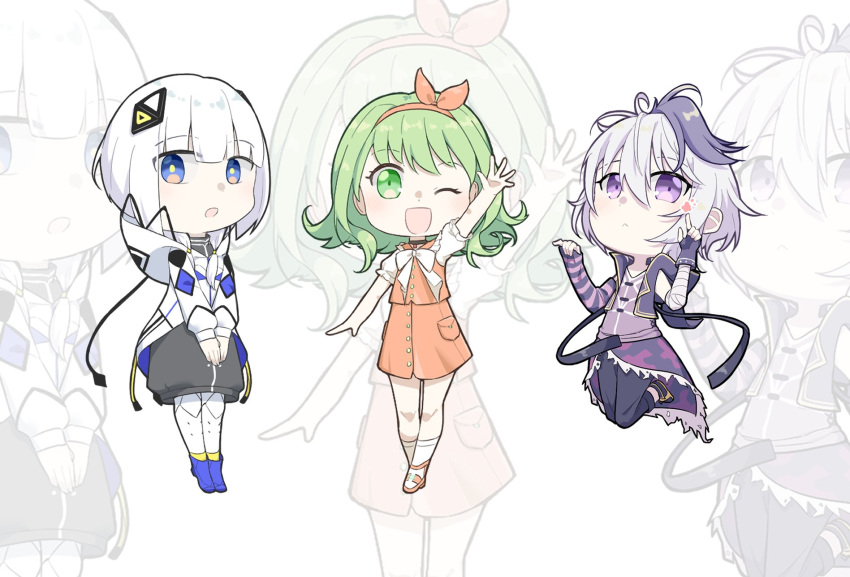 3girls :&lt; :d :o arm_up arm_warmers bandaged_arm bandages bangs belt black_skirt blue_eyes blunt_bangs bow bow_hairband bowtie cevio chibi commentary crossed_legs fingerless_gloves flower_(vocaloid) flower_(vocaloid4) full_body gloves green_eyes green_hair gumi hair_ornament hairband hands_on_lap highres hood hooded_jacket jacket kafu_(cevio) legs_up midair multicolored_hair multiple_girls one_eye_closed open_mouth orange_bow orange_shirt orange_skirt outstretched_arm pants purple_gloves purple_hair purple_jacket purple_pants purple_shirt purple_skirt shirt short_hair single_arm_warmer single_glove skirt sleeveless sleeveless_jacket sleeveless_shirt smile streaked_hair violet_eyes vocaloid waving white_background white_bow white_bowtie white_hair white_jacket yu_ying_(puuarfmm0qqcw1f) zoom_layer