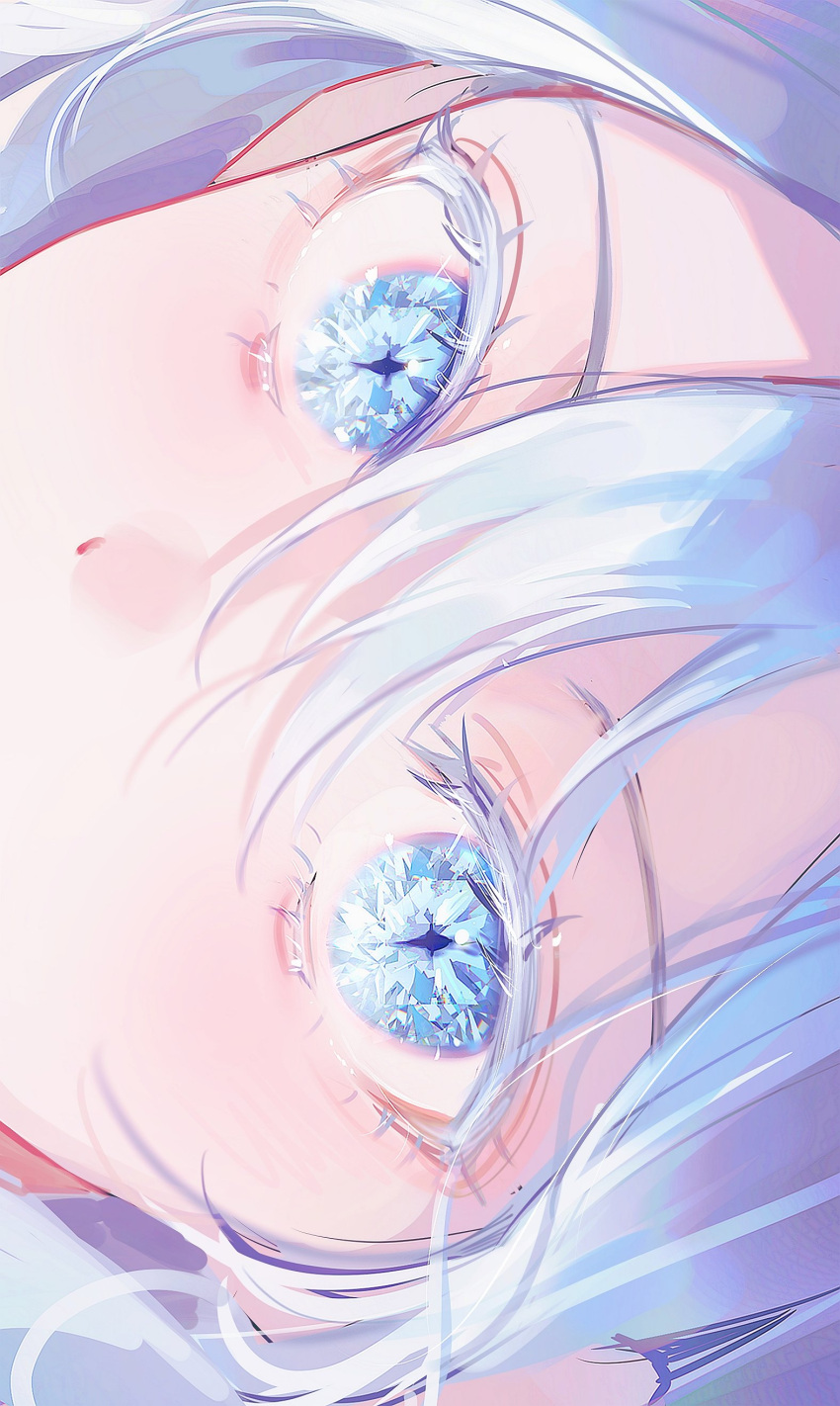 +_+ 1girl 58_(opal_00_58) bangs blue_eyes blue_hair close-up dot_nose exif_rotation eye_focus eyelashes hair_between_eyes highres light_blue_hair light_blush rotated sidelocks solo