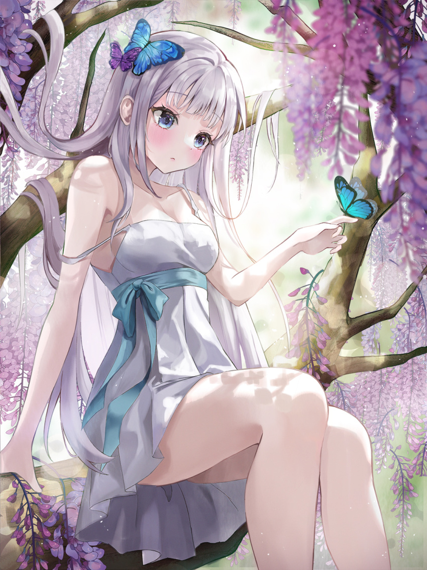 1girl ass_visible_through_thighs blue_bow blue_butterfly blue_eyes blurry blurry_foreground blush bow branch bug butterfly butterfly_hair_ornament butterfly_on_hand chie_(user_snfh8333) closed_mouth collarbone commentary dress expressionless feet_out_of_frame field flower flower_field grey_hair hair_ornament highres long_hair looking_down off_shoulder original purple_flower sidelocks sitting sleeveless sleeveless_dress sundress sunlight symbol-only_commentary tree white_dress white_hair