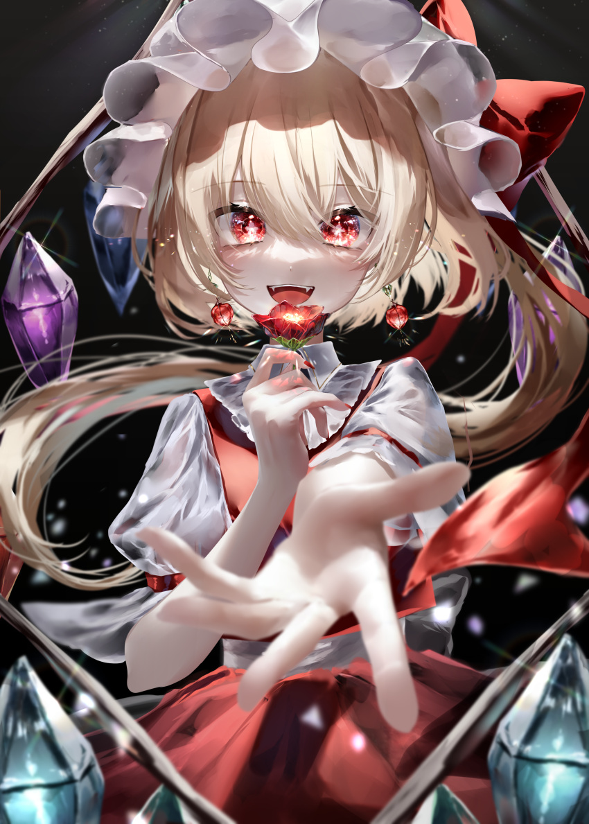 1girl absurdres bangs blonde_hair bow commentary_request cowboy_shot crystal earrings fangs flandre_scarlet flower foreshortening hair_between_eyes hair_bow hat highres holding holding_flower jewelry long_hair looking_at_viewer mob_cap one_side_up open_mouth outstretched_arm puffy_short_sleeves puffy_sleeves red_bow red_eyes red_vest shirt short_sleeves smile solo teeth touhou upper_teeth vest white_headwear white_shirt wings yukia_(yukia_777)
