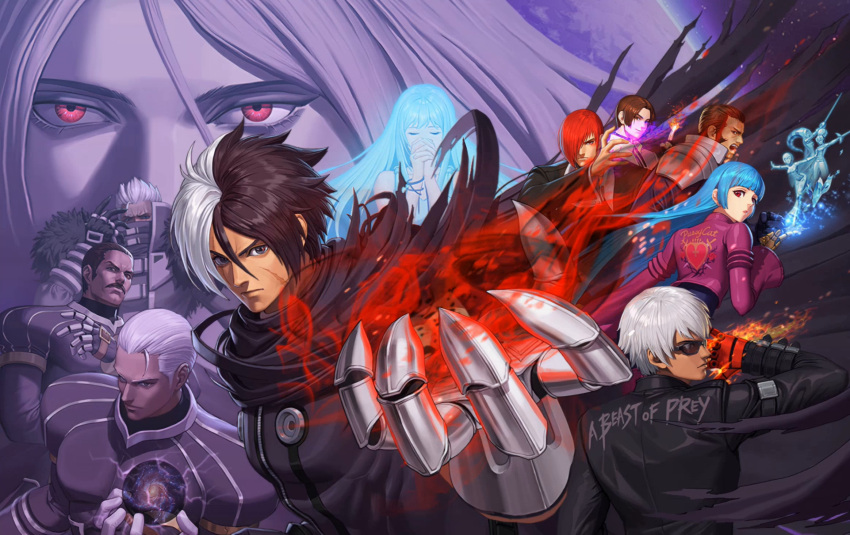 5girls 6+boys bangs black_hair black_jacket blue_hair blunt_bangs candy_diamond closed_eyes closed_mouth clothes_writing dark-skinned_male dark_skin diana_(kof) dress english_text facial_hair fire flame foxy_(kof) gloves hair_over_one_eye hand_up heart heart_print highres igniz_(kof) index_finger_raised isolde_(kof) jacket k'_(kof) krizalid kula_diamond kusanagi_kyou long_hair looking_at_viewer maxima metal_gloves multicolored_hair multiple_boys multiple_girls mustache nameless_(kof) official_art one_eye_covered original_zero own_hands_clasped own_hands_together praying print_jacket pyrokinesis red_gloves redhead scar scar_on_cheek scar_on_face short_hair snk sunglasses the_king_of_fighters the_king_of_fighters_2002 the_king_of_fighters_all-stars two-tone_hair white_dress white_hair yagami_iori zero_(kof)