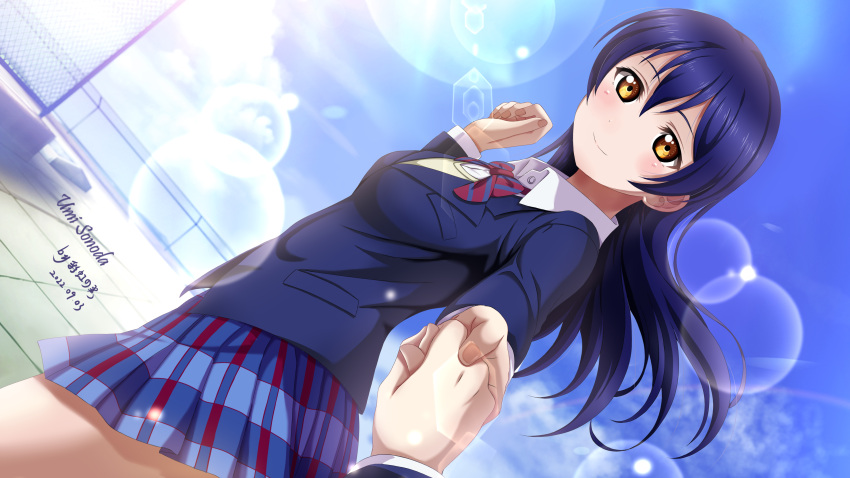 1girl 2022 absurdres bangs blue_hair blue_jacket blue_skirt blue_sky blush bow bowtie character_name closed_mouth collared_shirt cowboy_shot dated day dress_shirt dutch_angle hair_between_eyes highres holding_hands jacket lens_flare long_hair long_sleeves looking_at_viewer love_live! love_live!_school_idol_project miniskirt otonokizaka_school_uniform outdoors plaid plaid_skirt pleated_skirt pov red_bow red_bowtie rooftop school_uniform shiny shiny_hair shirt signature skirt sky smile solo_focus sonoda_umi straight_hair striped striped_bow striped_bowtie sweater white_shirt white_sweater wing_collar xiaoxin041590 yellow_eyes