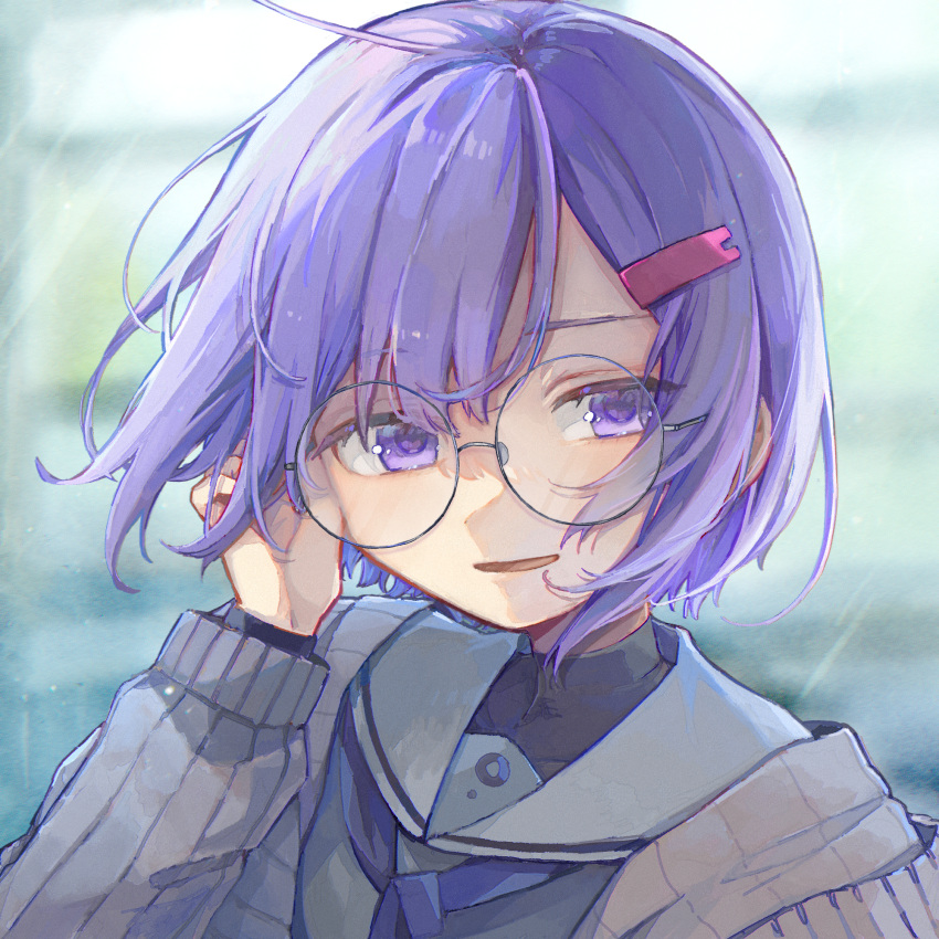 1girl a.i._voice blurry blurry_background brown_cardigan cardigan commentary commission glasses grey_shirt hair_ornament hairclip hand_in_own_hair highres light_smile necktie parted_lips portrait purple_hair purple_necktie sailor_collar sayonaka_megumo school_uniform shirt short_hair sideways_glance signature skeb_commission solo violet_eyes voiceroid white_sailor_collar yuzuki_yukari yuzuki_yukari_(shizuku)