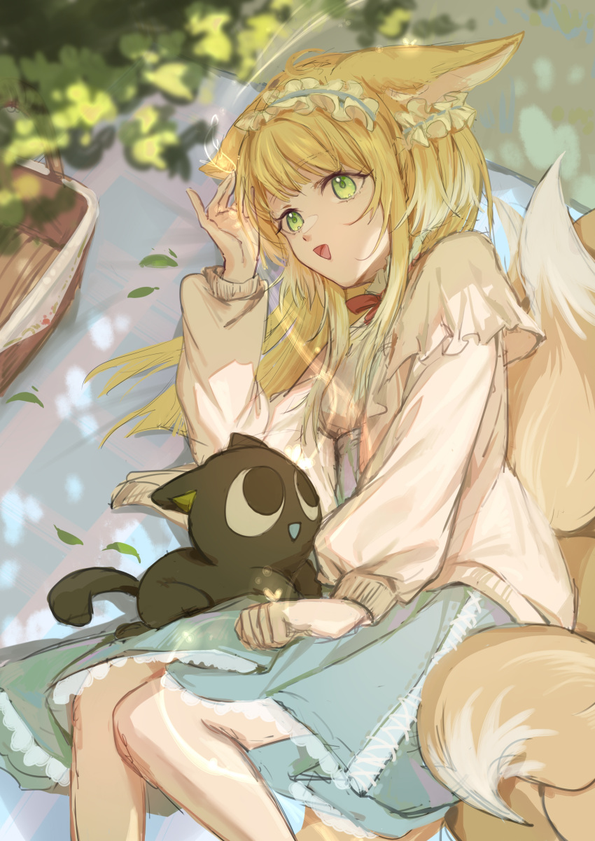 1girl absurdres animal_ears arknights basket black_cat blonde_hair blue_dress cardigan cat dress ersansan_hd falling_leaves feet_out_of_frame fox_ears fox_girl fox_tail green_eyes hair_down hand_up highres kitsune leaf long_hair long_sleeves luoxiaohei lying multiple_tails on_side open_cardigan open_clothes open_mouth outdoors solo suzuran_(arknights) tail the_legend_of_luo_xiaohei white_cardigan