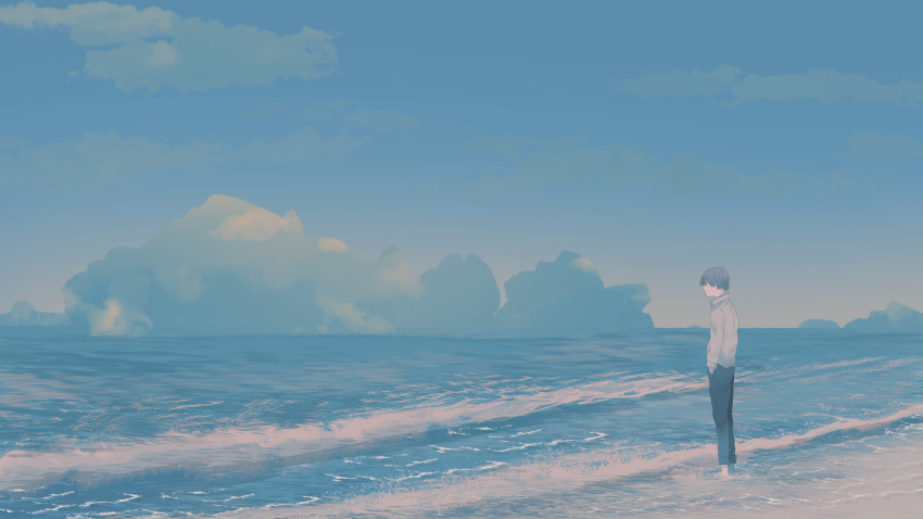 1boy absurdres blue_hair blue_sky blue_theme clouds collared_shirt day hand_in_pocket highres long_sleeves looking_afar male_focus ocean original outdoors pants scenery shion_08 shirt sky soaking_feet standing water white_shirt