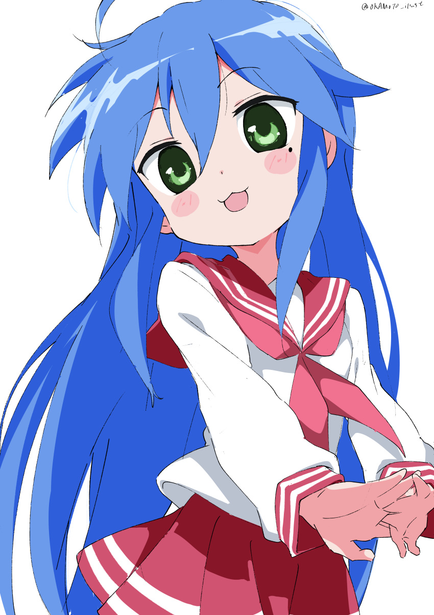 1girl :3 absurdres blue_hair blush_stickers green_eyes hair_between_eyes highres interlocked_fingers izumi_konata long_hair long_sleeves looking_at_viewer lucky_star mole mole_under_eye neckerchief own_hands_together pleated_skirt red_neckerchief red_sailor_collar red_skirt ryouou_school_uniform sailor_collar school_uniform serafuku shiny shiny_hair simple_background skirt solo uniform very_long_hair white_background white_gorilla_(okamoto)