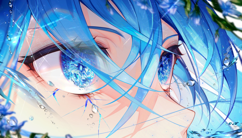 1girl 58_(opal_00_58) bangs blue_eyes blue_flower blue_hair blurry blurry_foreground close-up depth_of_field english_commentary eye_focus eye_reflection eyelashes eyes_visible_through_hair flower highres ice_crystal looking_afar nose original plant reflection solo sparkling_eyes star-shaped_pupils star_(symbol) symbol-shaped_pupils water_drop white_background