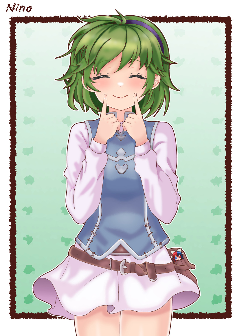 1girl absurdres alear_(fire_emblem) alear_(fire_emblem)_(female) belt blush character_doll character_name closed_eyes closed_mouth cowboy_shot dinjo fire_emblem fire_emblem:_the_blazing_blade fire_emblem_engage fire_emblem_heroes green_background green_hair hairband highres index_finger_raised long_sleeves nino_(fire_emblem) purple_hairband shirt short_hair simple_background skirt smile solo white_shirt white_skirt