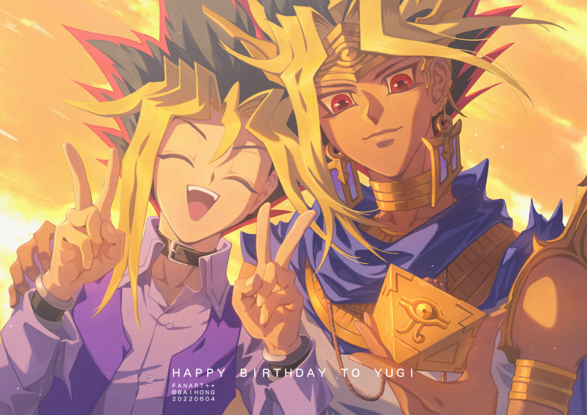 2boys :3 :d ^_^ absurdres atem black_hair blonde_hair brown_collar buckle closed_eyes closed_mouth collar double_v dress_shirt earrings hair_intakes hand_on_another's_shoulder highres jewelry long_hair looking_at_viewer millennium_puzzle multicolored_hair multiple_boys mutou_yuugi open_clothes open_vest orange_sky pink_shirt purple_shirt purple_vest red_eyes redhead shirt sky smile spiky_hair tsubasa9638 v vest yu-gi-oh! yu-gi-oh!_duel_monsters